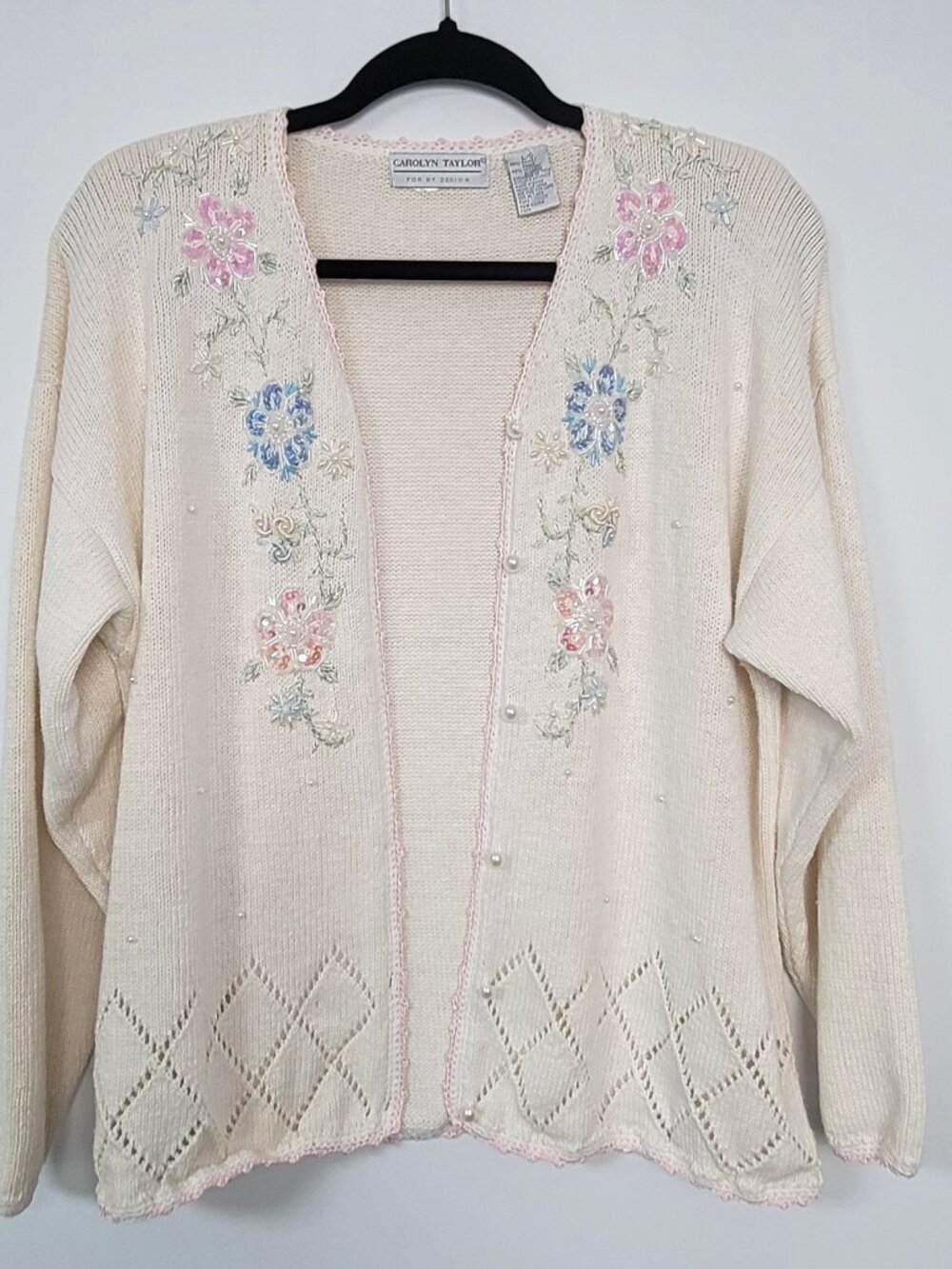 Vintage 90s Carolyn Taylor Floral Embroidered Crochet Cardigan Sweater